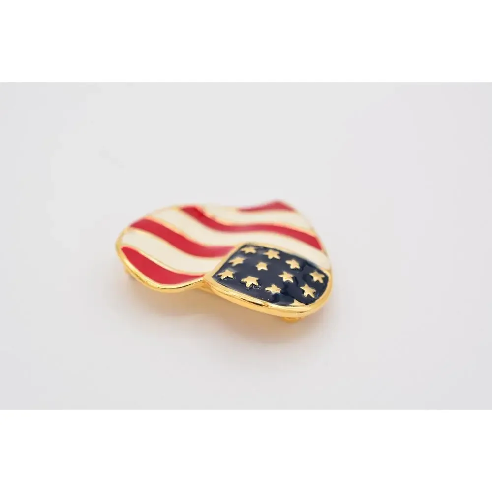 Vintage USA Heart Flag Pin Brooch American Red White Blue Gold Tone 1990s BinAT